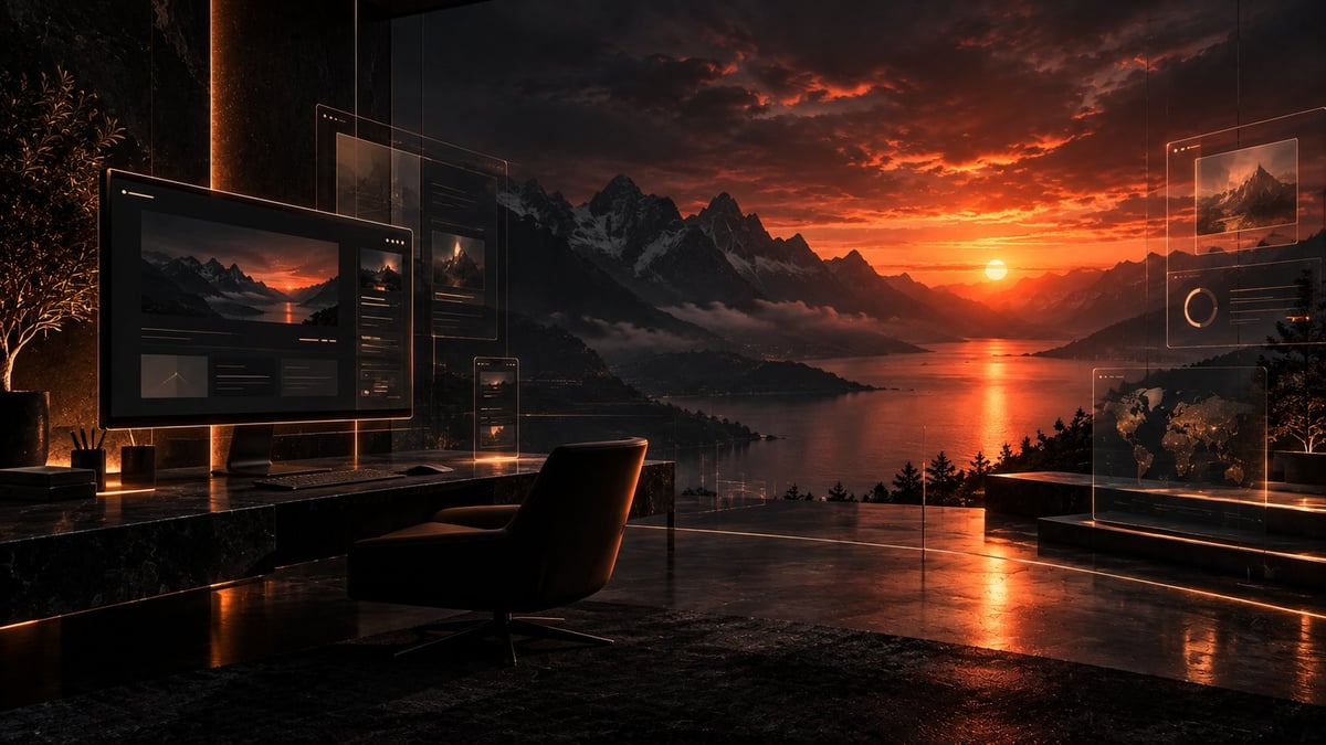 Werkplek met een monitor waarop een berglandschap bij zonsondergang te zien is, in warm oranje licht