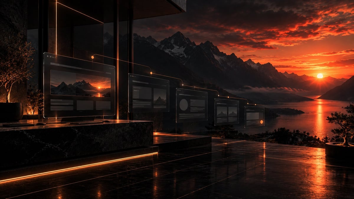 Modern glazen gebouw aan een meer met een dramatische zonsondergang en bergen op de achtergrond