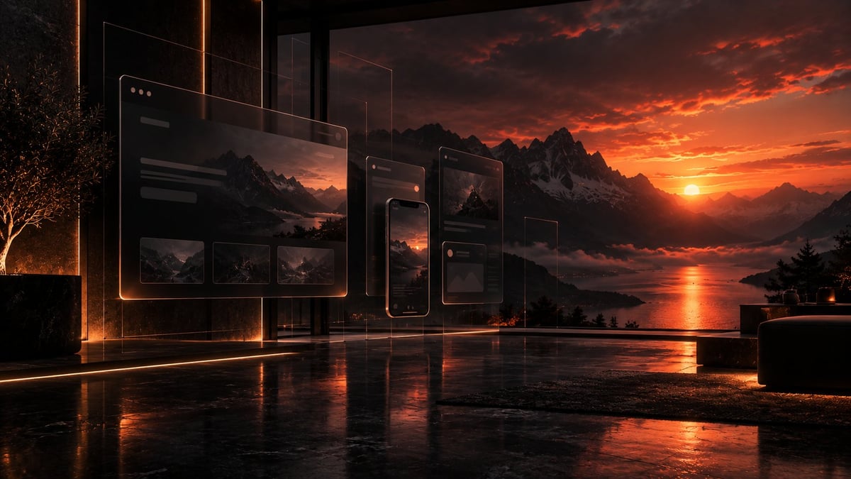 Donkere winkelpui met verlichte schermen waarop een zonsonderganglandschap te zien is — sfeerbeeld voor de sectie